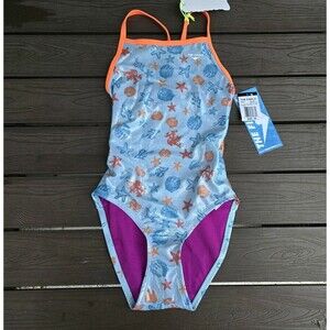 TYR The Finals Womens Under The Sea Foil Flutterback Swimsuit Blue Orange 36 New